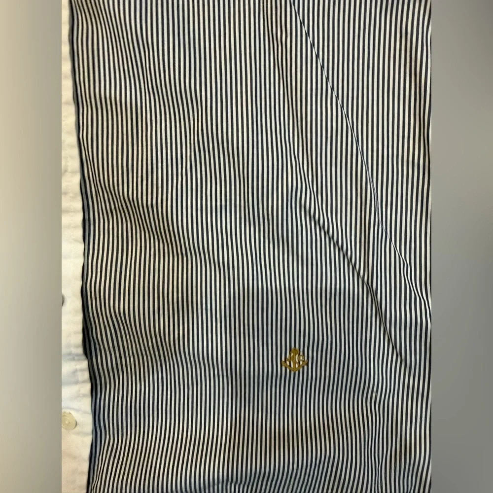 J. Crew Blue Micro-Stripe Button-Up Blouse with White Trim